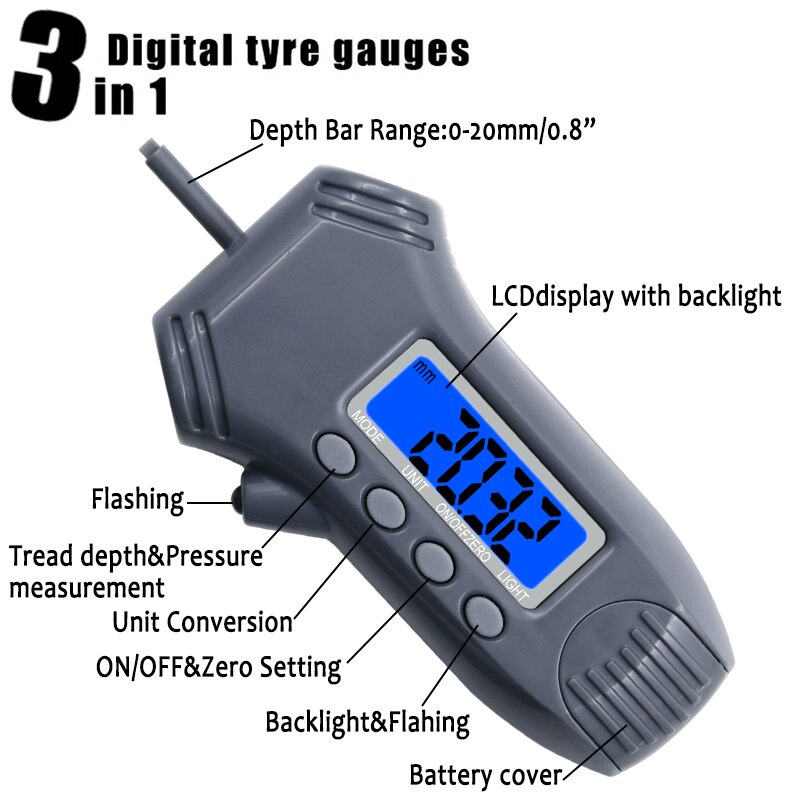 Drie-In-One Met Achtergrondverlichting Digitale Bandenspanningsmeter Tread Diepte Schuifmaat Bandenspanningsmeter