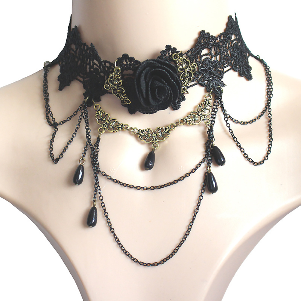 Gargantilla gótica victoriana para mujer, collar de encaje negro, mujer, chica, borla de cristal bohemio, gargantilla de encaje Sexy, joya de Halloween estilo Loli: Color amarillo dorado claro