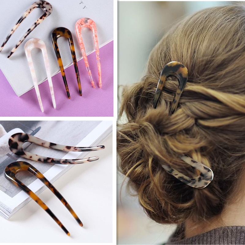 Horquilla de pelo en forma de U para mujer y niña, estilo francés, pinzas para el pelo con forma de U, concha de tortuga, pasadores con palos en U, accesorios para el peinado