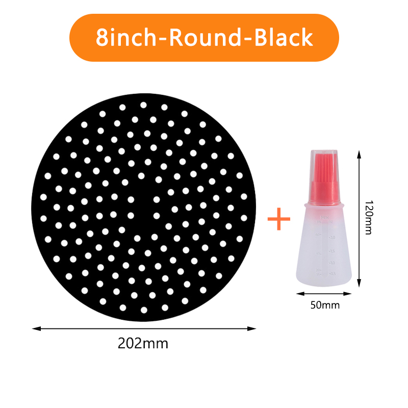 Tapis de revêtement de friteuse à Air en Silicone, antiadhésif, revêtement intérieur de cuisson pour accessoires de cuisine, rond et carré réutilisable: 8inch-Black and Oil