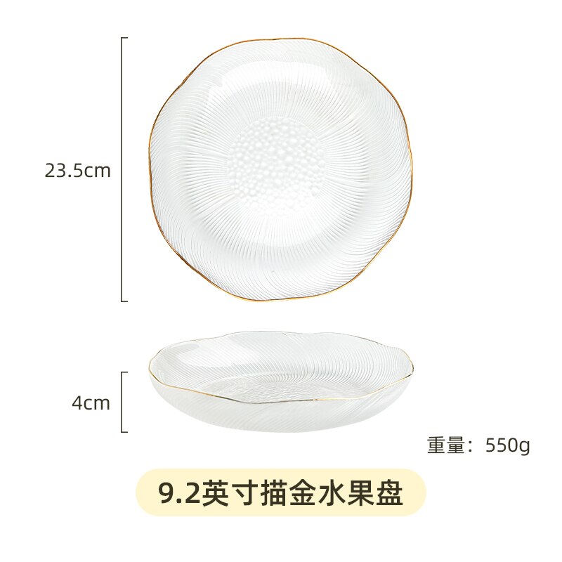 Ins Simple Fruit Plate Crystal Glass Dessert Plate Fruit Salad Bowl Dessert Bowl Set Dishes and Plates Sets: 9.2inch Gold