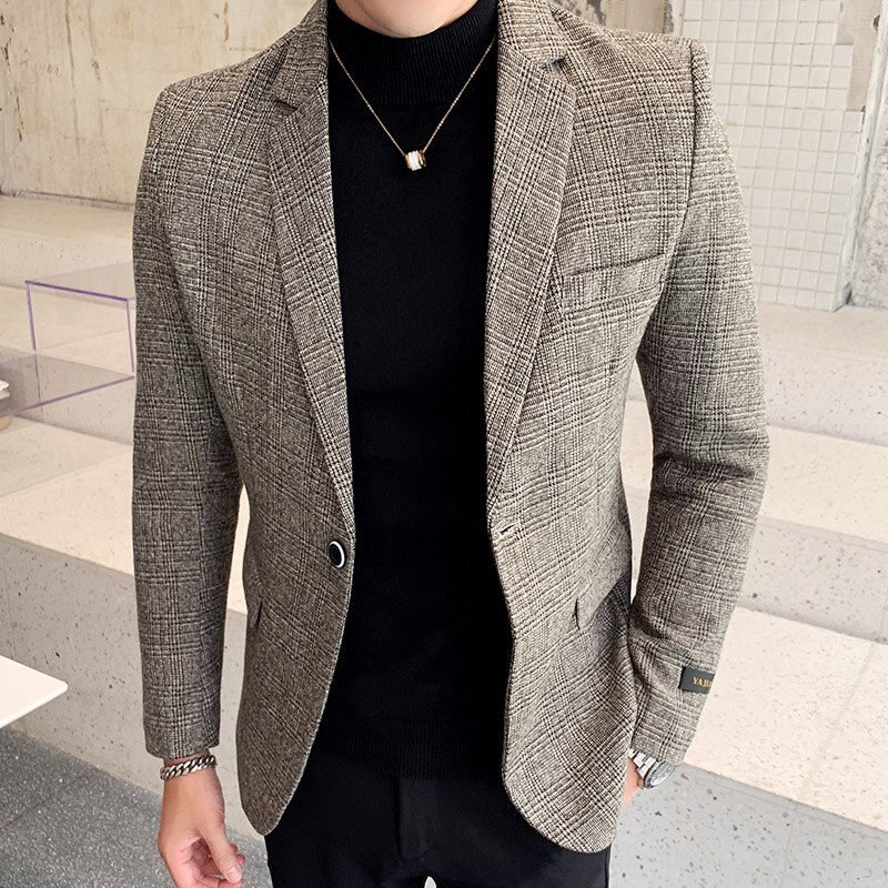 Business Casual Blazers Masculino Grey Patchwork Blazer Mannen Slim Fit Stijlvolle Plaid Blazer Homem Terno Masculino Blazer Homme