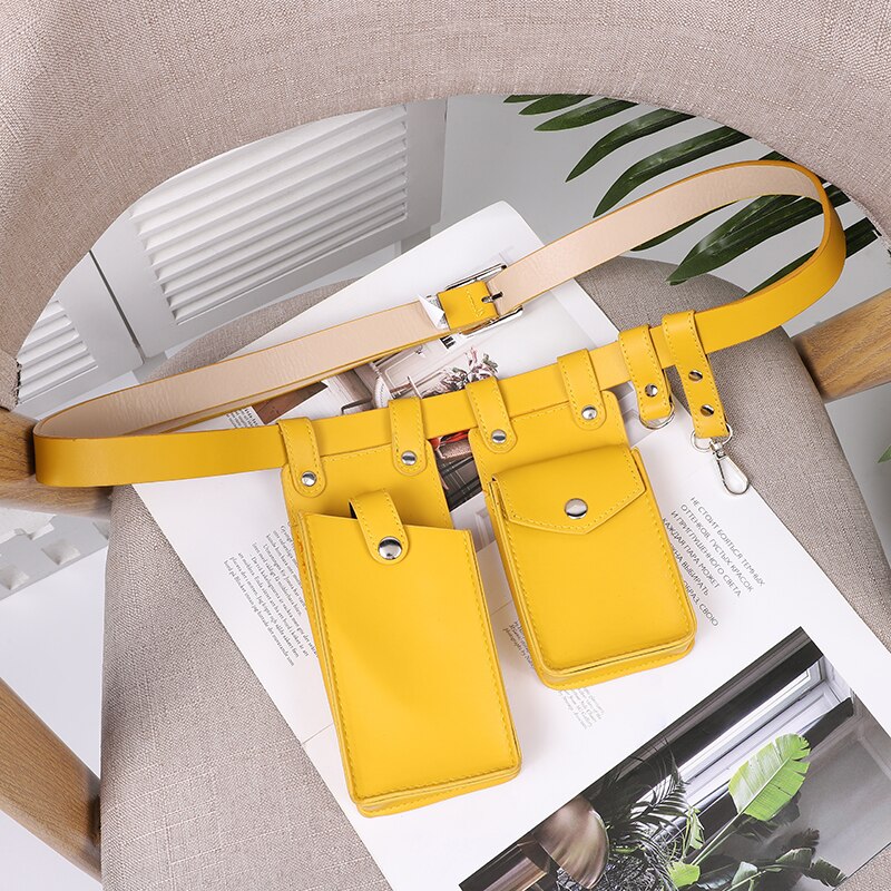 Riñonera de cuero de estilo Hip Hop para mujer, bolso cruzado de pecho para teléfono móvil, 2 piezas: Yellow belt bag