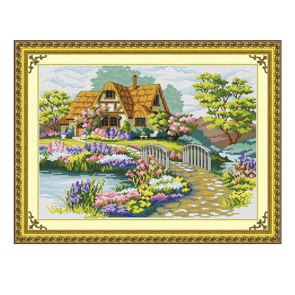 Stamped Cross Stitch Kit Pre-Printed Pattern Embroidery Kits -Garden Cottage