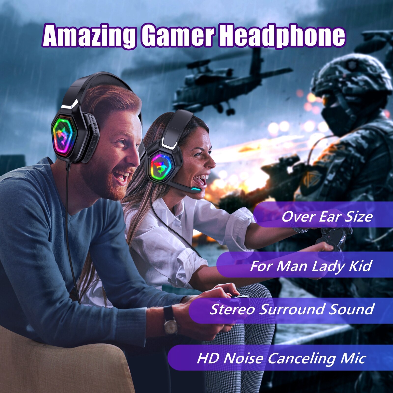 Noise reduction Headset Gamer With HD Microphone RGB Light 7.1 Surround sound USB+3.5MM Plug Wired headset For laptop/PS4/xbox