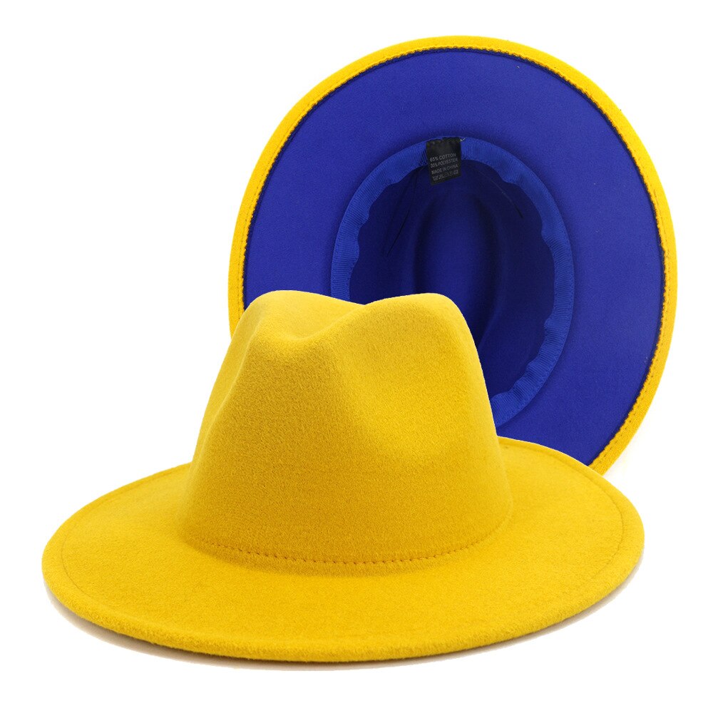 Qbhat blå gul patchwork kvinders klassisk bred brede floppy panama hat bælte spænde dekor uldfilt jazz fedora hatte til festival: Gul og blå / 59 til 60cm