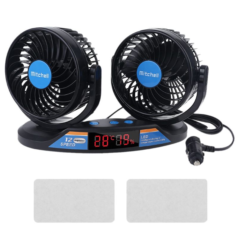 Dual Head 12V Car Fan 12 Speeds 360 Rotatable with Temperature Humidity Display LX9B: Red