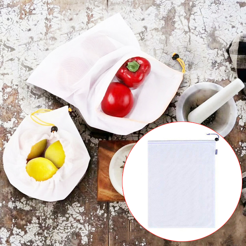 Herbruikbare Polyester Fruit Groente Zakken Met Trekkoord Thuis Keuken Opslag Mesh Zakken Machine Wasbaar