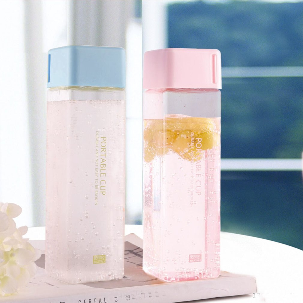 Square Frosted Plastic Water Bottle Portable Transparent Bottle Fruit Juice Leak-proof Outdoor Sport Travel Camping Bottle