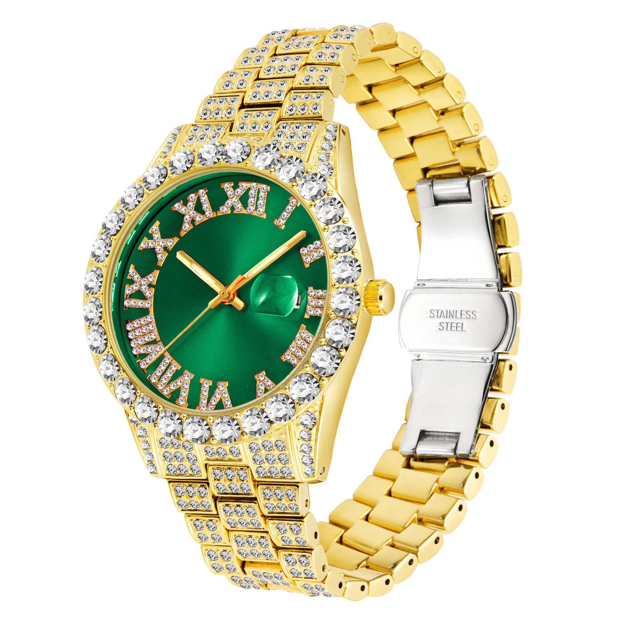 Dropshipping złoty zegarek dla mężczyzn pełna diament zielony kalendarz biznes styl biodro-hopowy zegarki tarczowe kwarcowy na rękę człowiek nowy 2021