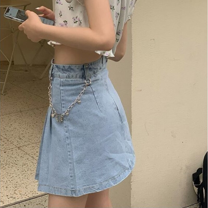 HOUZHOU-Falda vaquera Vintage para mujer, Falda plisada asimétrica de cintura alta con cadena de lazo Kawaii, ropa de calle informal de coreana para verano