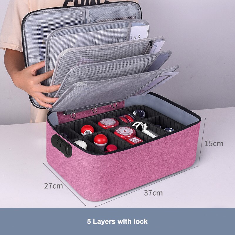 Large Briefcase Document Bag Waterproof Business Official Seal Organizer Files Folder Ticket Card Travel Office Accessories Item: E 5Layers Pink