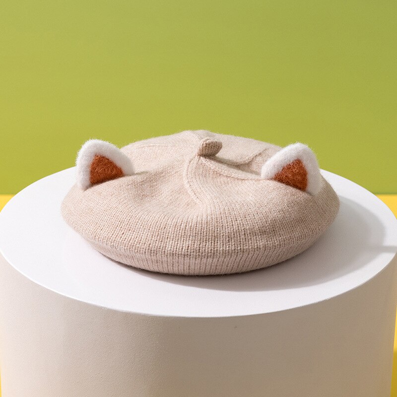 Béret de dessin animé pour enfants, chapeau tricoté avec oreilles de renard, Bonnet pour filles: beige