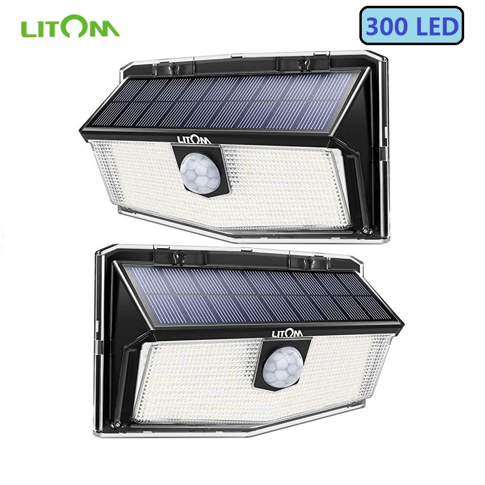 2 paquets LITOM 300 LED lumières solaires jardin amélioré PIR capteur de mouvement lumières IP67 étanche 3 Modes intelligents lampes murales solaires