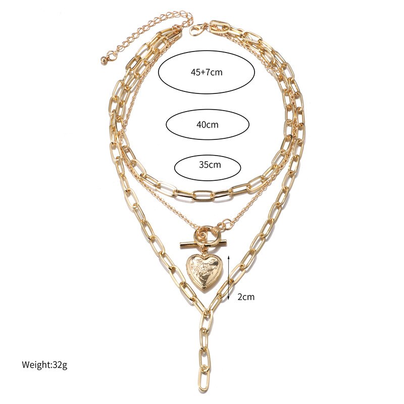 Punk gold silver color multi-layer cuban link chain necklace open heart pendant choker necklaces for women