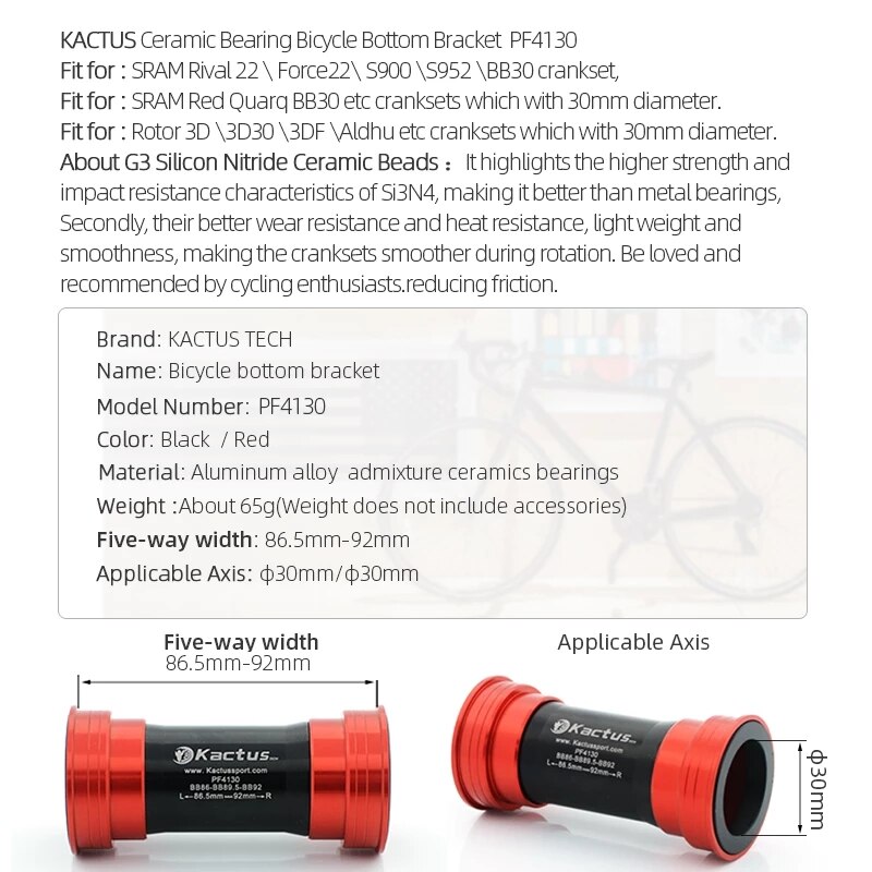 Bicycle Pressfit Bottom Bracket BB92 86 F4130 G3 Ceramic Bearing For SRAM/Rotor Axis 30mm Mtb Road Bike Crankset Width 86.5-92mm