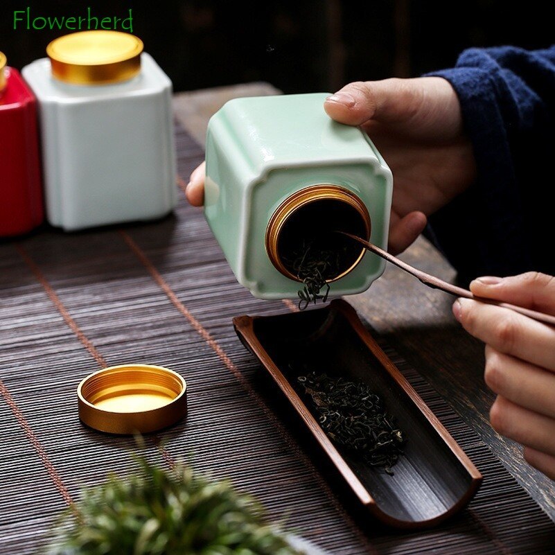 Ceramic Porcelain Tea Caddy Teaware Tea Container Square Sealed Waking Tea Can Household Tea Packaging Caddy Tea Storage