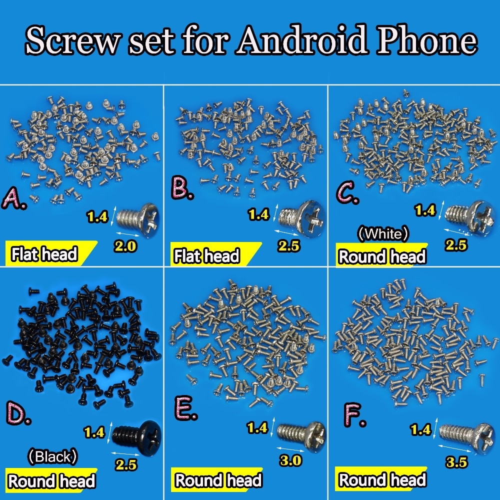 JCD-tornillos de cabeza plana/redonda para teléfono móvil, M1.4, para teléfono Android