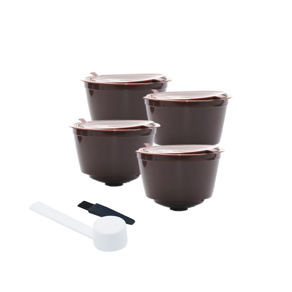 Wiederverwendbare Kaffee Kapsel Filter Tasse Edelstahl Metall Kapsel für Nescafe Dolce Gusto Nachfüllbare Kappen Löffel Pinsel Filter: 4Stck Plastik Braun