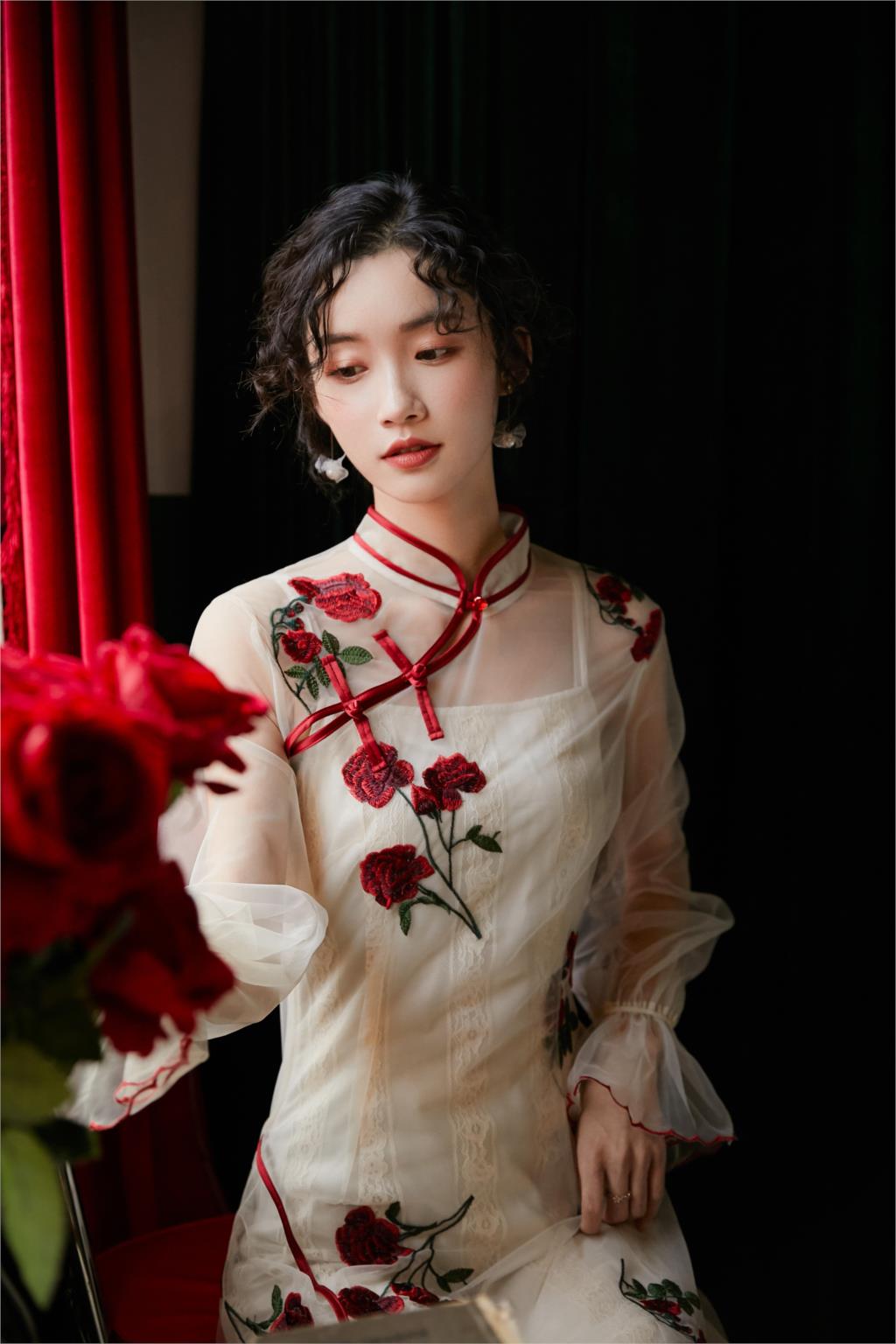 Chinese Dress women qipao flower embroidery bridesmaid wedding party dress vestidos lace mesh cheongsam dress