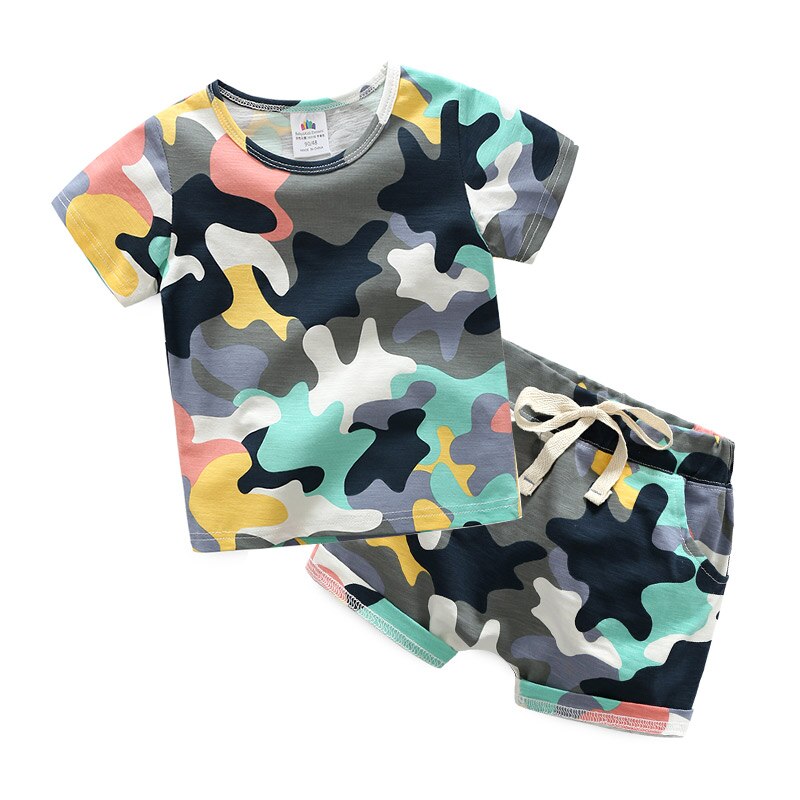Zomer 2-10 Jaar Oud Verjaardag Knappe Kleding Korte Mouw Baby Kids Jongen Legergroen Camouflage T-Shirt shorts Set: 4T