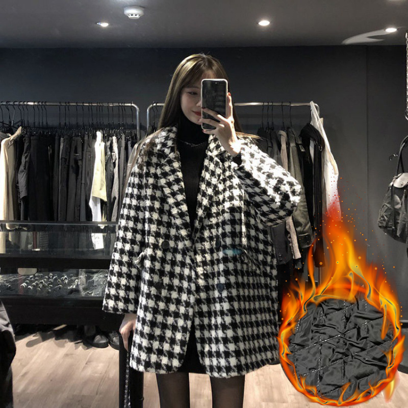 Casacos de inverno Vintage Houndstooth feminino, sobretudo com mistura de lã solta, peito duplo, jaqueta grossa luxuosa, quente, outono: M / Bege