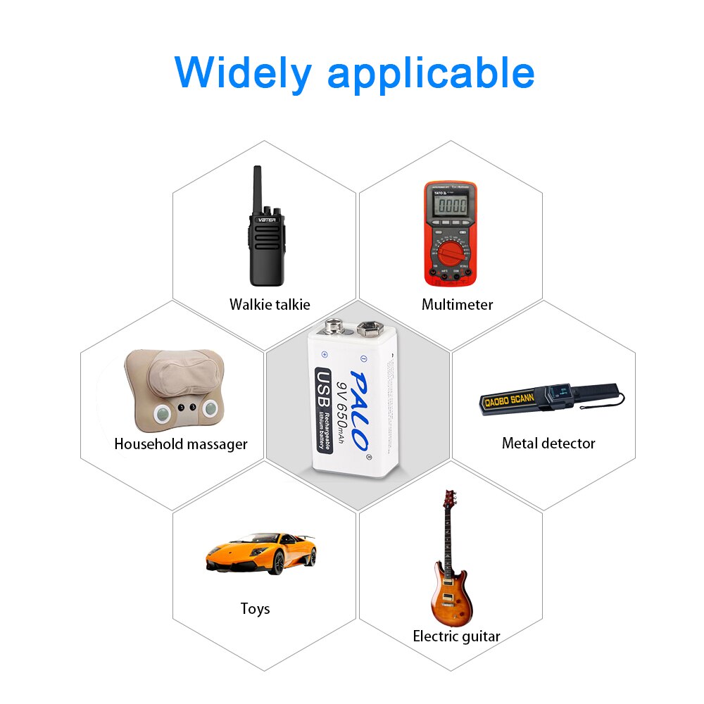 PALO 9V USB batterie au Lithium 650mAh 6F22 6LR61 Li-Ion batterie Rechargeable pour jouets masseurs multimètres guitare avec câble USB