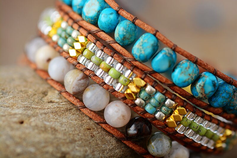 Exquisite Multi Strand Leather Wrap Bracelets W/ Natural Stone Beads Bracelet Bijoux Bohemian Seed Beads Jewelry A+++++