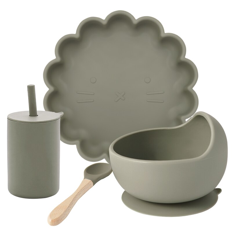Juego de comida de entrenamiento para niños, cuenco de alimentación para bebé, plato de succión vajilla de silicona de grado alimenticio, taza de paja, artículos para bebé, 4 Uds.: 009A-sage
