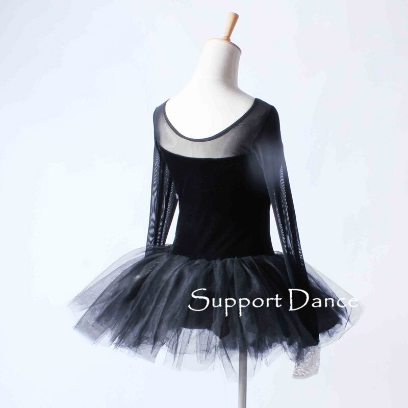 Vestido de tutú de ballet negro de manga larga de malla para actuación de adultos C262