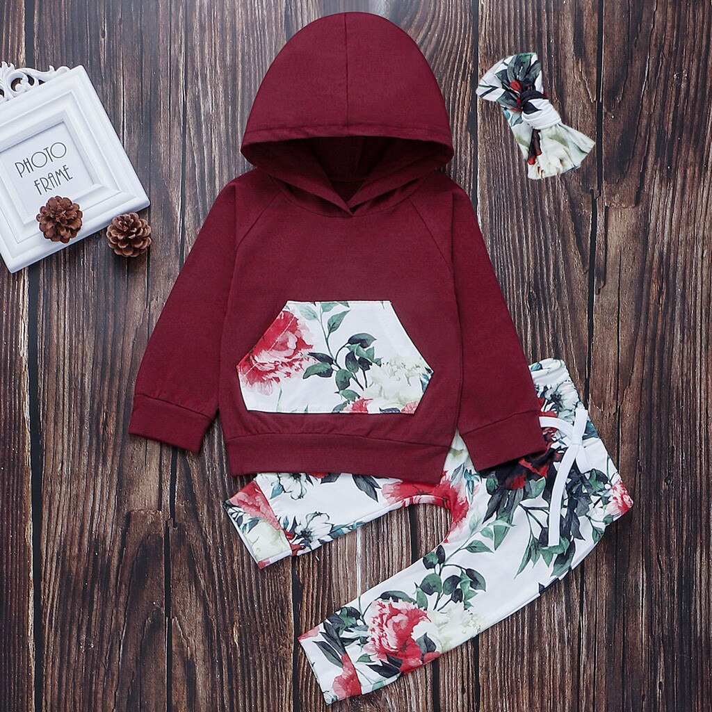 Telotuny Kinderkleding Kid Baby Girl Hooded Lange Mouwen Print Trui Tops Trainingspak + Bloemen Broek + Haarband Outfit set Jul3