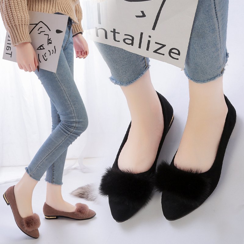 Chaussures coréennes mocassins fourrure automne femmes talons bout pointu décontracté femme baskets bouche peu profonde tout-Match chaussures plates automne