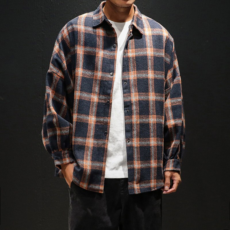 Modis Mens Plaid Flannel Shirts Hip Hop Men Tops Long Sleeve Streetwear Coat Loose Casual Clothes 5XL Plus Size Hombre Clothing: Auburn / L