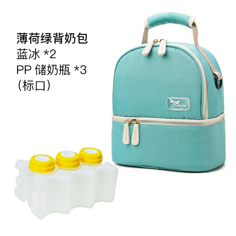 Multifunktionel mors taske mor amme dobbeltlags mælkeisoleret taske hånd pusletaske modermælk friskhed bac: Myntegrøn