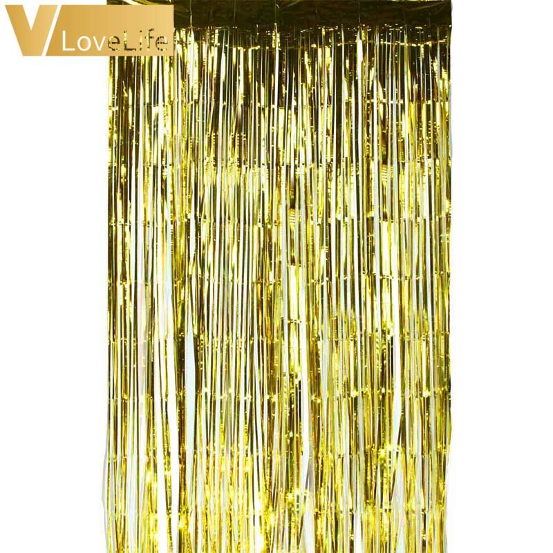 1M x 2 Meters Gold Foil Fringe Tinsel Curtain Tassel Garlands Wedding Photography Backdrop Birthday Party Decoration: Gold