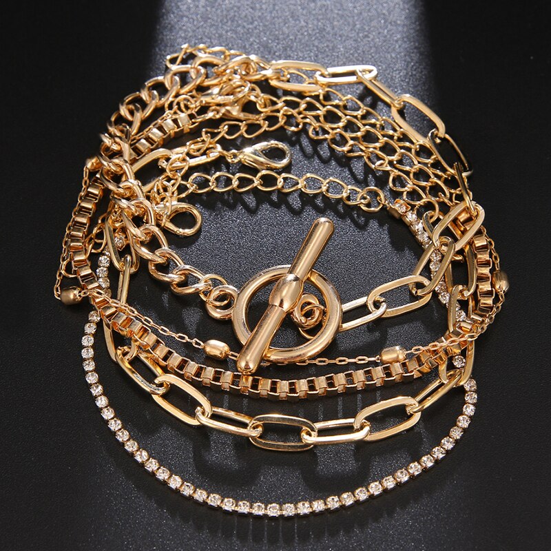 VKME 5 Teile/satz Punk Gold Kristall Dicke Kette Armbänder einstellen Für Frauen Böhmischen Geometrische Kette Ot Schnalle Armbinde einstellen Schmuck