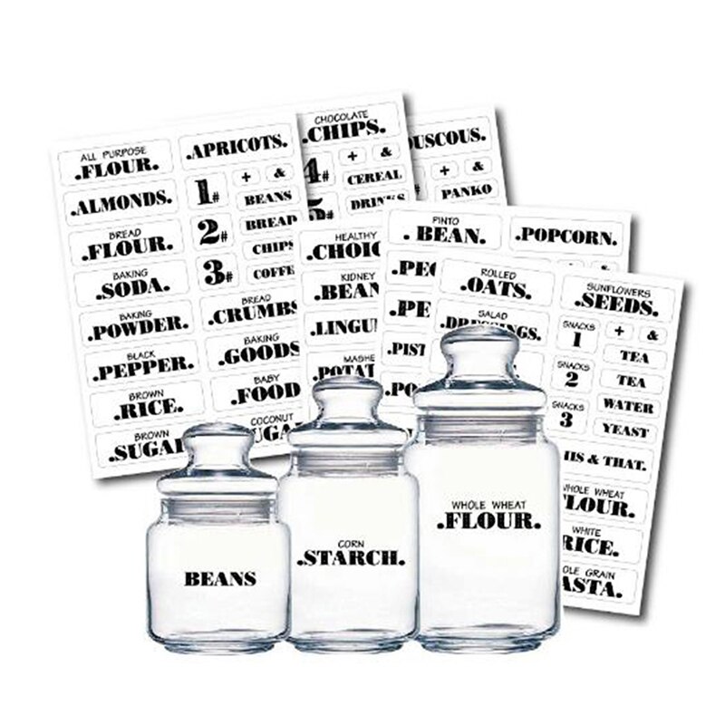 Etiquetas de despensa transparentes, pegatinas impermeables para tarros de comida, 6 hojas