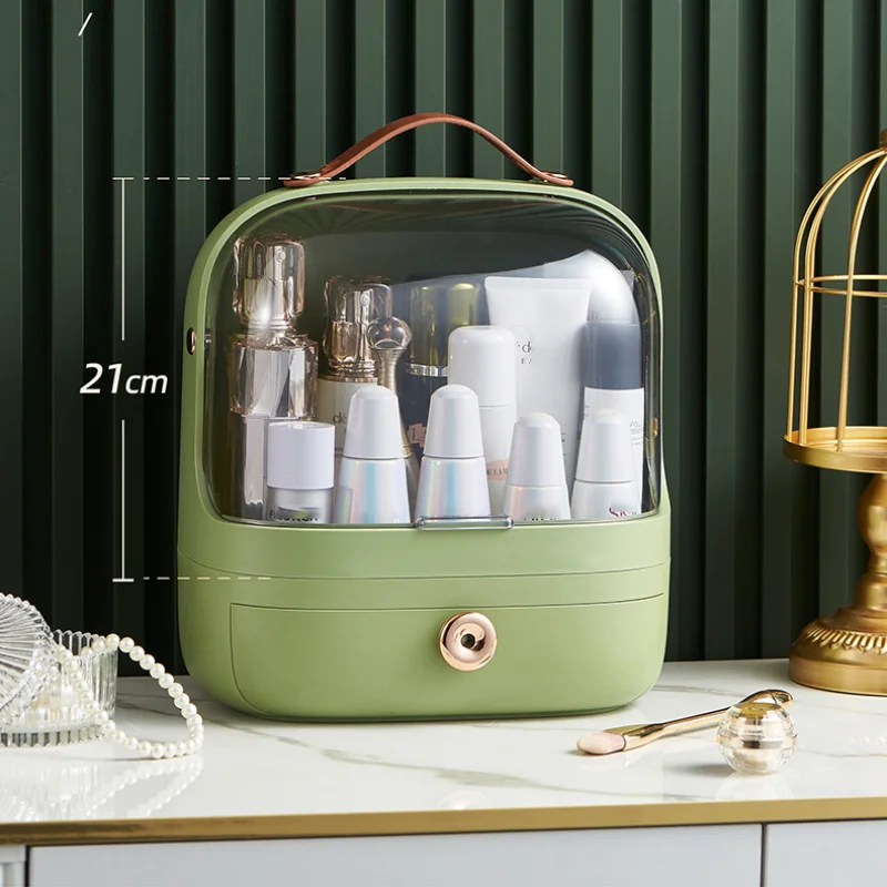Organizadores de cosméticos de escritorio, caja de almacenamiento de joyería de maquillaje a prueba de polvo de gran capacidad con tapa, organizador impermeable para baño