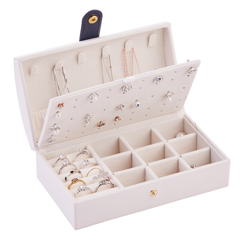 Jewelry Box Portable Multi Function PU Leather Fresh and Simple Earrings Ring Jewellry Storage Necklace Case: Ark White