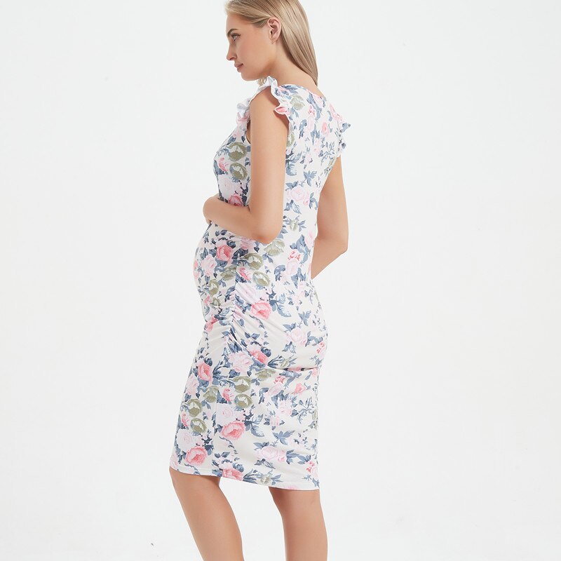 Zwangerschap Moederschap Jurken Flying Mouwen Ruches Side Zomer Zwangere Vrouwen Jurk Voor Baby Shower Party