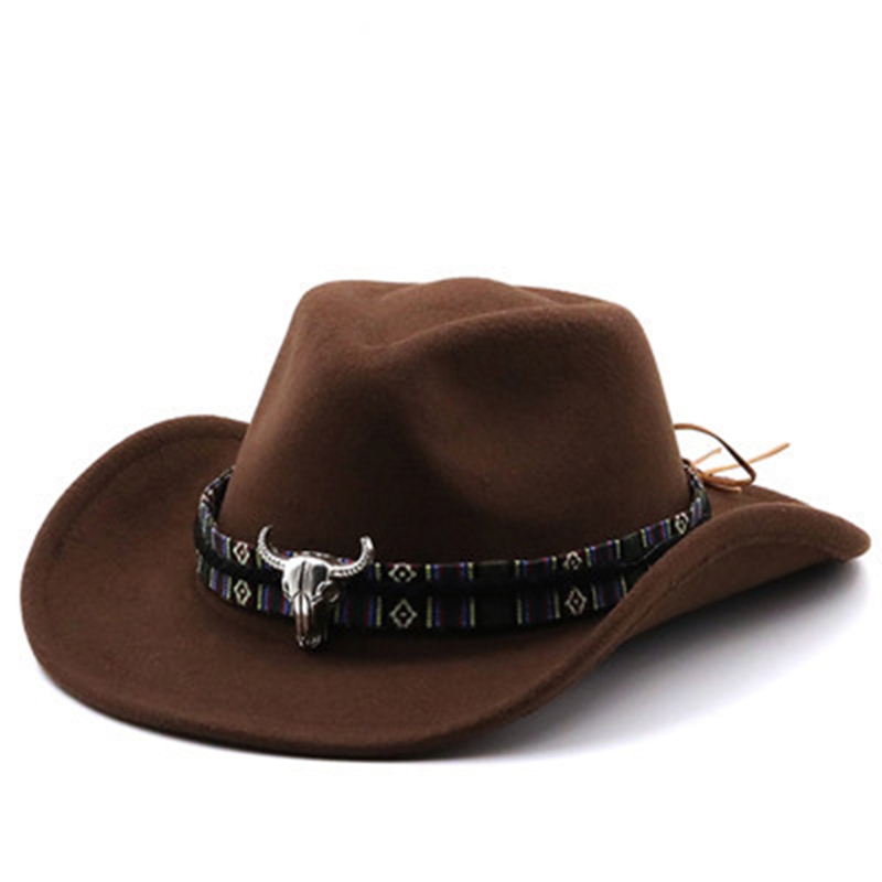Retro Cow Head Western Cowboy Hat Big Brim Hat Cashmere Jazz Top Hat Cap for Hipster Trend Casual Outdoor Trend Sun Hat: Brown