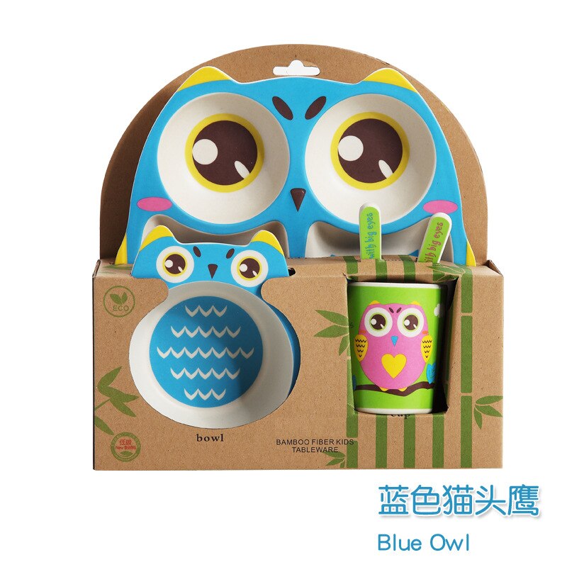 Owl Baby Dinnerware Set Bamboo Fiber Children's Plate Cartoon Baby Feeding Dishesd With Fork Spoon Cup Kids Tableware: blue owl