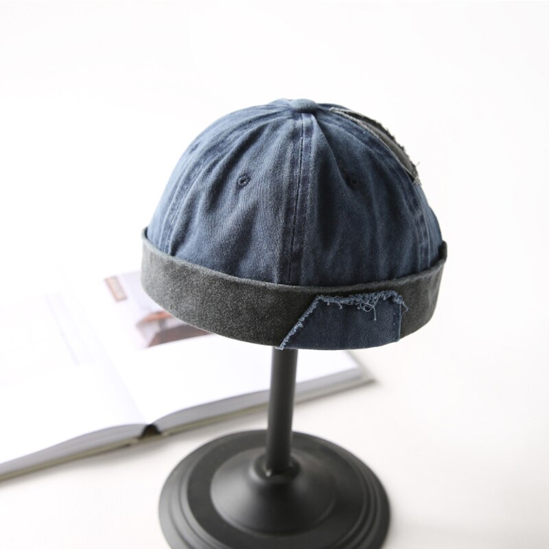 Vintage Hip Hop caps Men Washed Cotton Skull cap Adjustable Retro Brimless Hat Landlord Breathable Beanie Hat Sailor Cap: Blue A
