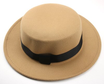 kids fedora hats for boys girls solid color flat top with ribbon band belt winter hats autumn big brim formal black kids hat: camel