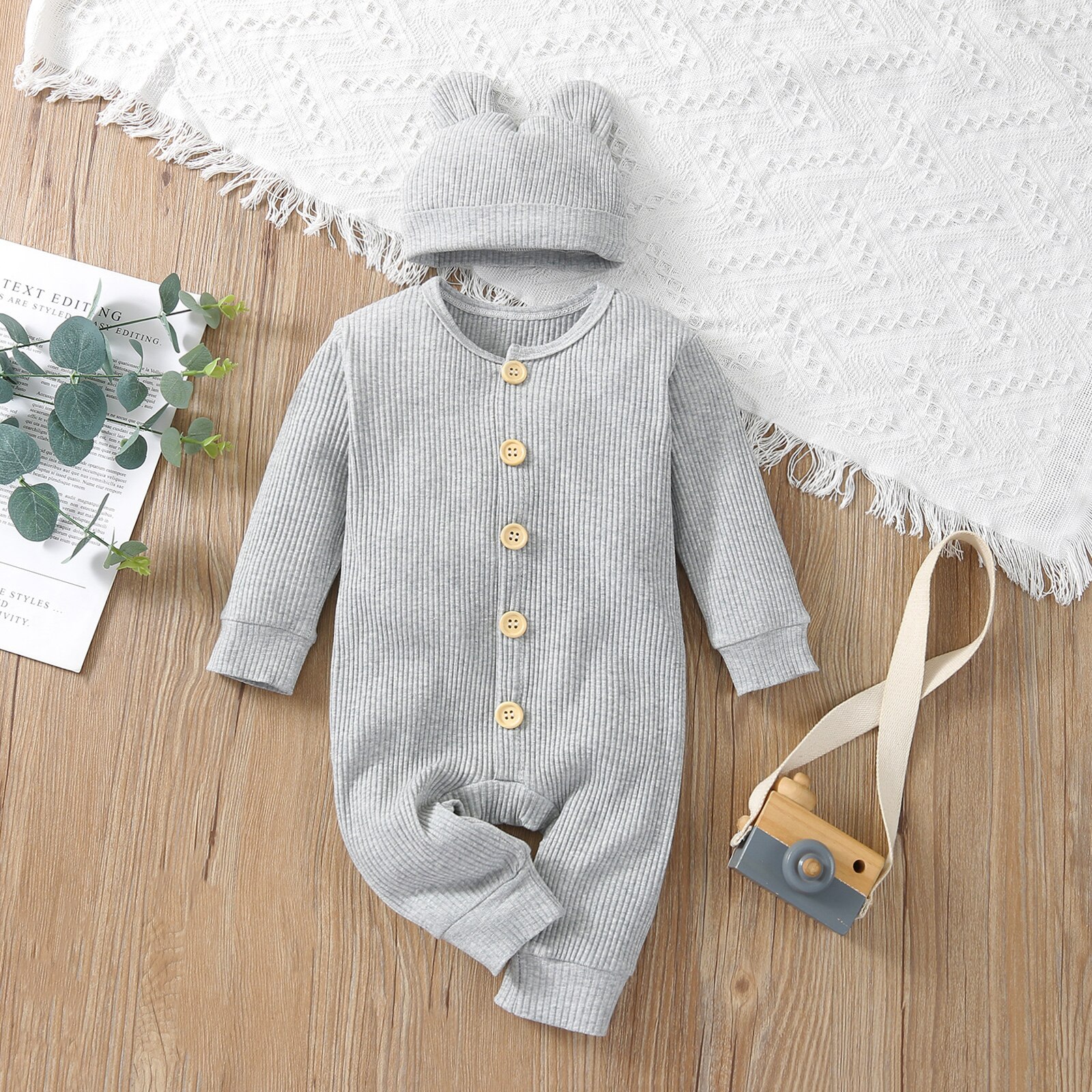 Infantil bebê meninas meninos macacão com chapéu, crianças cor sólida o-pescoço manga longa macacão + boné para outono de primavera, 0-24 meses