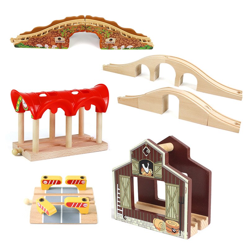 Wooden Train Track Accessories Building Blocks Toys For Kids Cross Bridge Compatible all Wood Track Biro Educational Toy