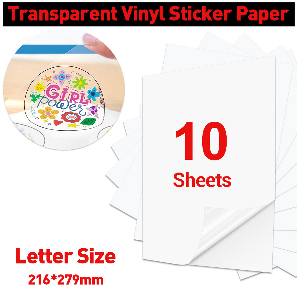 10 Sheets Printable Vinyl Sticker Paper 216x279mm Glossy Self-Adhesive Printer Paper for Inkjet Printer DIY Decals Crafts: Transparent