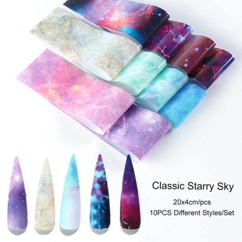 10PCS Nagel Folie Sticker Set Holografische Sterrenhemel Adhesive Wraps Transfer Papier Marmeren Shining Nail Art Decal Gel Slider PH2020