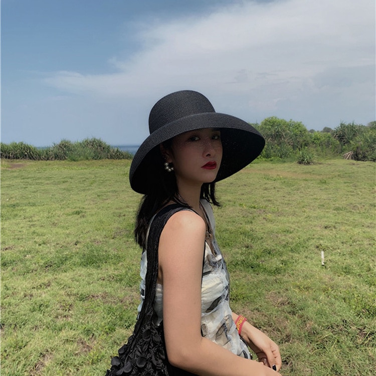 Hepburn Style Summer Japanese Straw Hat Sunken Bell-shaped Big Eaves Beach Hat Vintage Fold Fisherman Cap Atmosphere