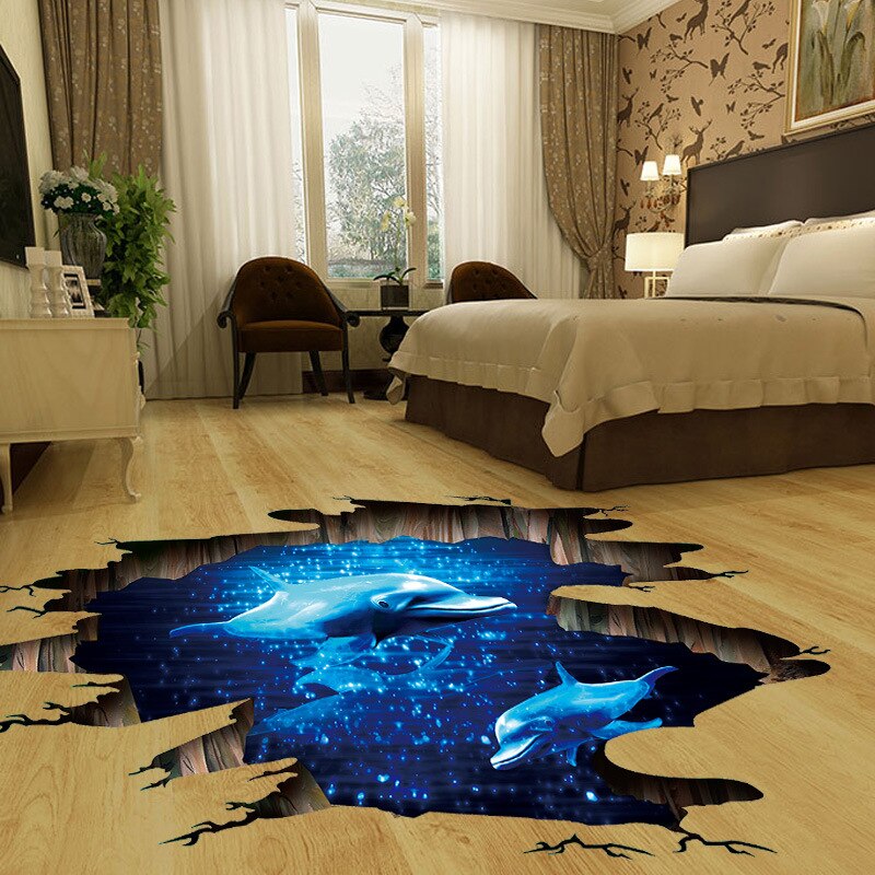3D Dark Blue Dream Dolphin Floor Sticker Bathroom Living Room Floor Decoration Mural Wall Stickers Home Decor Decals Wallpaper